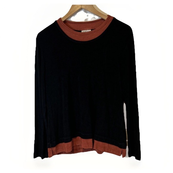 Chicos  Womens  Top Tunic  Black L Sz 2 Travelers Slinky Knit Rust Colorblock - Picture 1 of 6